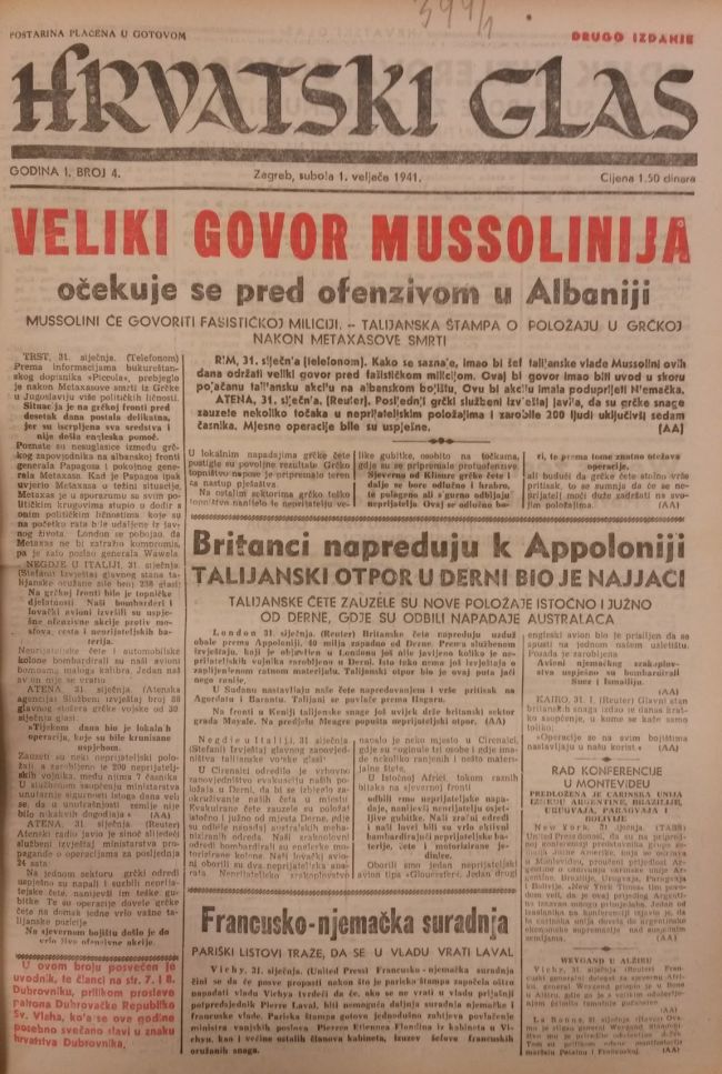 PRVI PRVI Hrvatski glas 1941 Veliki govor Mussolinija