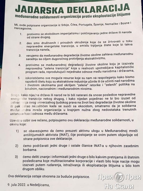 PRVI PRVI NA SKALI Kragujevac Jadarska deklaracija povezala Cile, Portugal, Nemacku, Spaniju i Srbiju - protiv litijuma TEKST