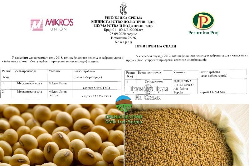 Zbog kršenja Zakona o GMO, pod zabranom uvoza i prometa bili Mikros union i Perutnina Ptuj 2018. i 2019; GM soja gajena na 178 hektara od 2012. do 2019. - saznaje PRVI PRVI NA SKALI