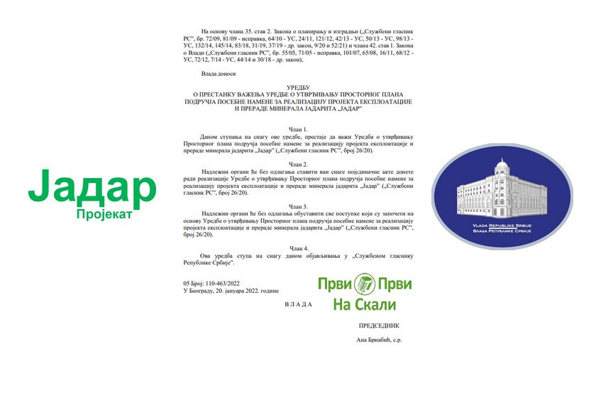Objavljena Uredba o prestanku važenja Prostornog plana za realizaciju projekta Jadar