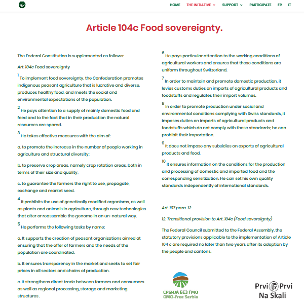 PRVI PRVI NA SKALI Referendum o prehrambenom suverenitetu, protiv genetickog inzenjeringa - u Svajcarskoj Food sovereignty