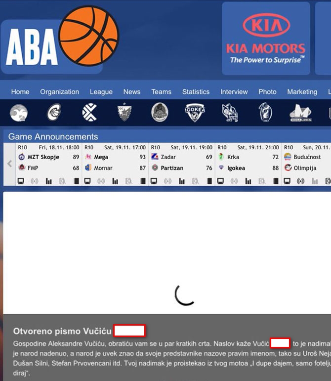 Hakovan sajt ABA lige sadržao poruku premijeru Srbije