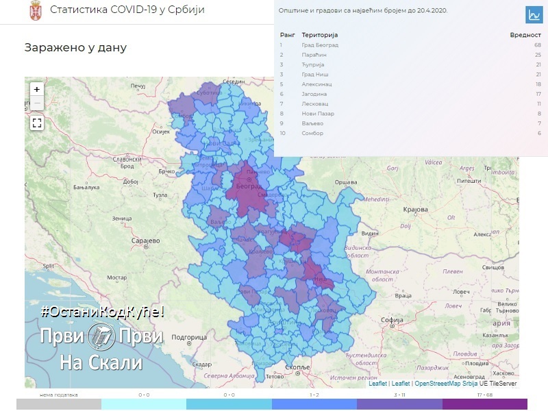 Covid19.rs: Zaraženo u danu, 20. 4. 2020.