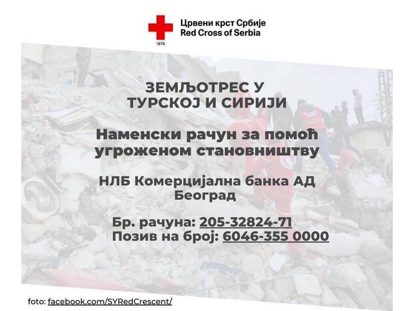 Crveni krst otvorio račun za pomoć stanovnicima Turske i Sirije pogođenim zemljotresom