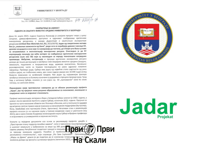 Projekat ’Jadar’ nema razumno obrazloženje sa ekonomskog, ekološkog, socijalnog, niti moralnog stanovišta - Odbor za zaštitu životne sredine Univerziteta u Beogradu