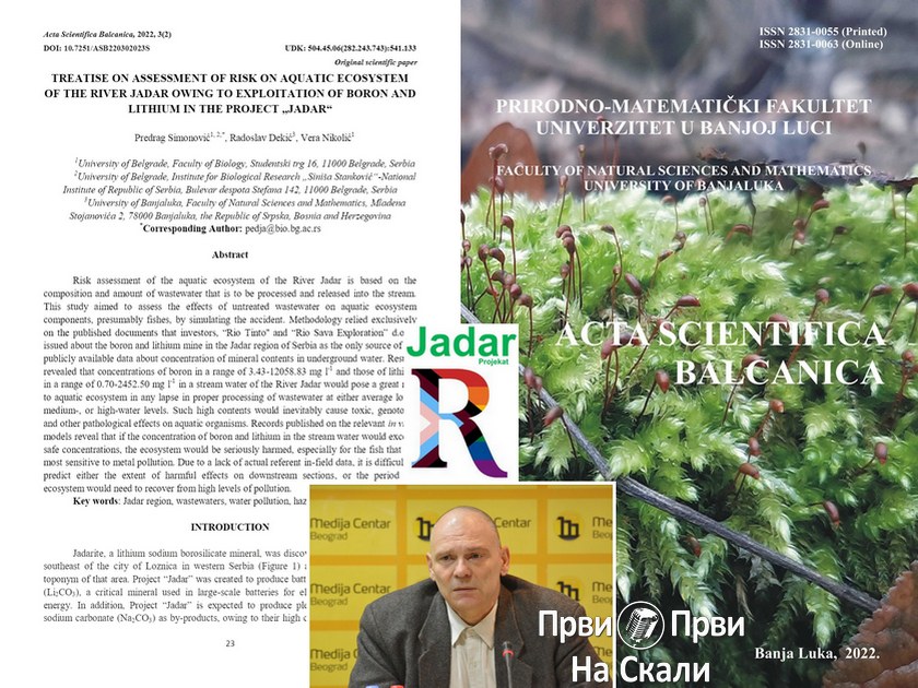 Studija o proceni rizika po vodeni ekosistem reke Jadar u odnosu na uslove eksploatacije bora i litijuma u projektu ’Jadar’