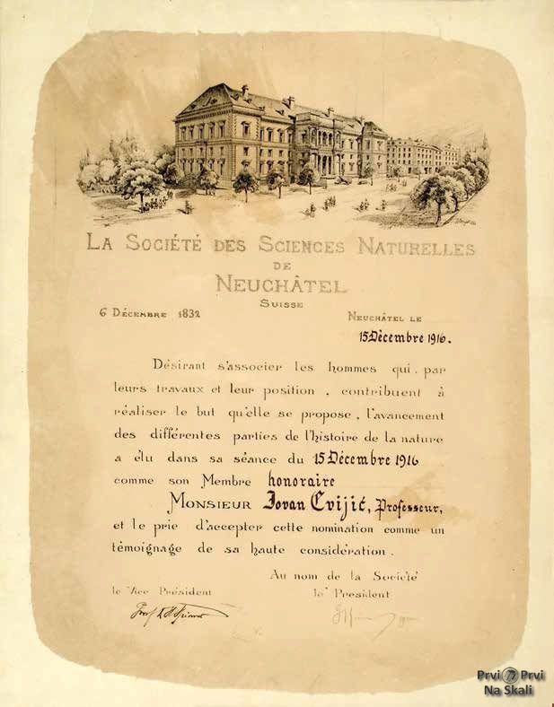 Diploma Društva prirodnih nauka iz Nešatela na ime Jovana Cvijića, počasnog člana, 15. decembar 1916.